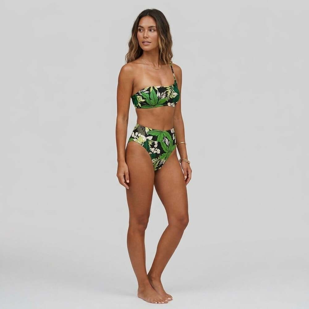 Aerie Tropical Neon Green Bandeau Bikini Set Top S High Cut Cheeky Bottom M